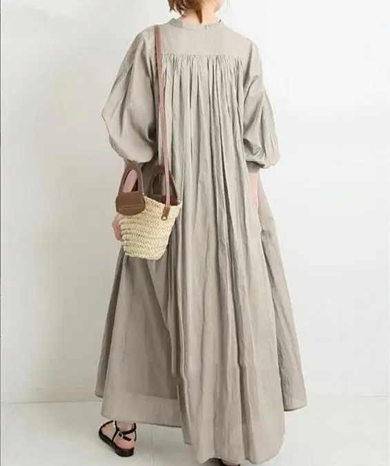 Women's Solid Color Cotton Linen Dresses Stand Collar Button Loose Women Clothes Long Sleeve Casual Long Shirt Dress