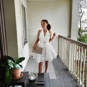 2026 Autumn Women's Sexy A-Line Mini Dress V-neck Sleeveless Halter Backless Ruffled Lace Plain Dyed Women Daily Dress