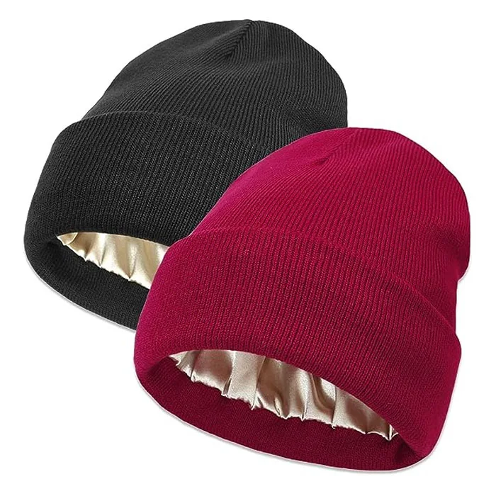 Customized Cuffed Satin Lined Beanie For Women Satin Linned Beanie Hat Soft Silk Lining Skull