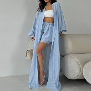 2025 Summer Autumn Lady Elegant 2 Pieces Suit Fashion Balloon-Sleeved Lace up Pants Solid Sets Women Long Cardigan Shorts Set