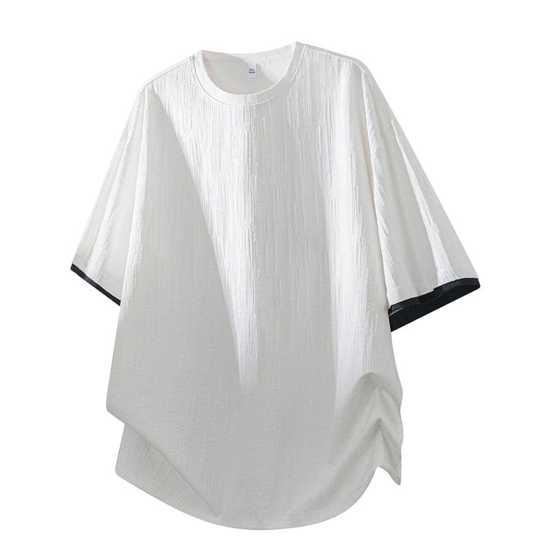 Cool and refreshing textured ice silk fabric, solid color short-sleeved breathable textured 100% polyester crew neck casual T-shirt, contrasting color cuffs.