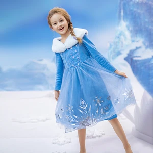 Snowflake Print Disney Princess Fur Trim Long-Sleeve Customizable Girls Christmas Party Dress for Winter Events
