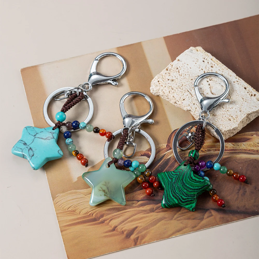 Star Keychain Ring Healing Crystal Macrame Quartz
