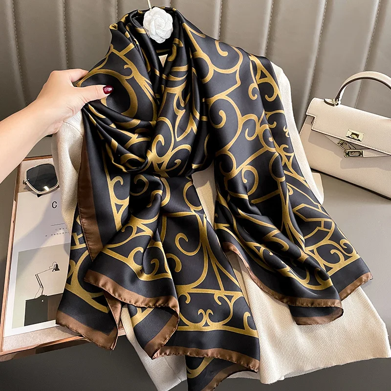 Fashion High Quality Soft Black Logo Printed Silk Scarves Female Shawls  Dubai Muslim Women Beach Cover-Ups Wraps Silk Bandanas