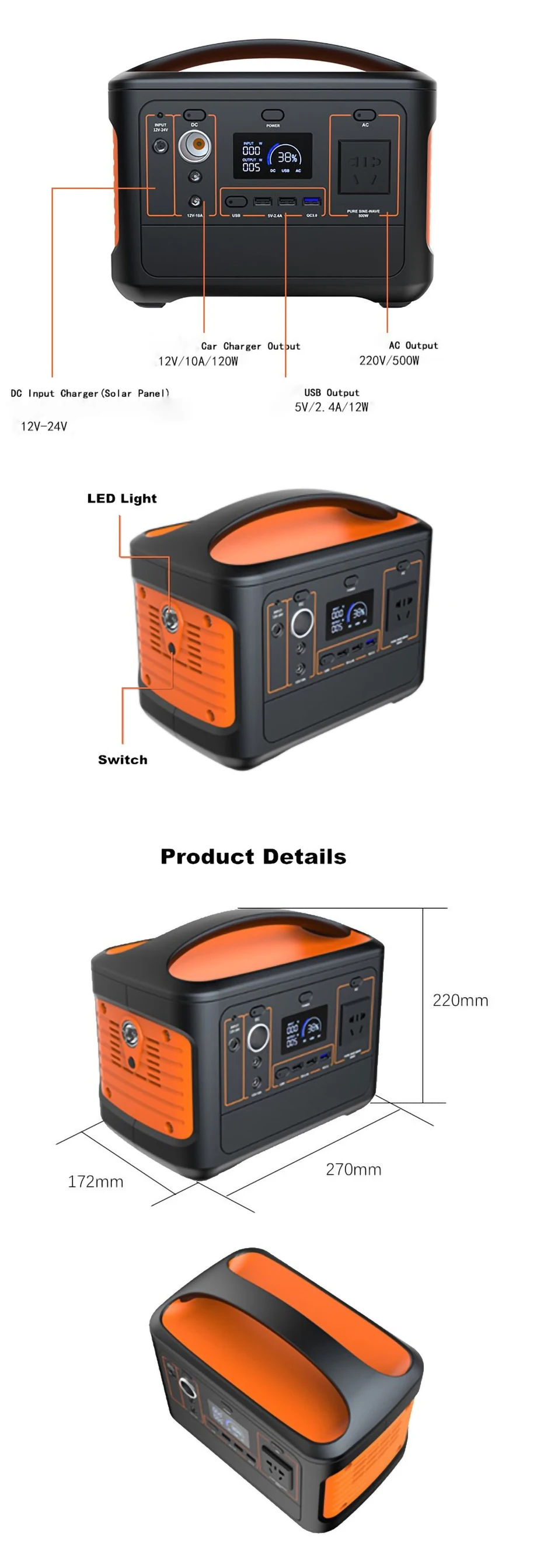 500w Solar Energy Storage Battery Box Solar Power System Home Outdoor Using Mobile Reserve Power