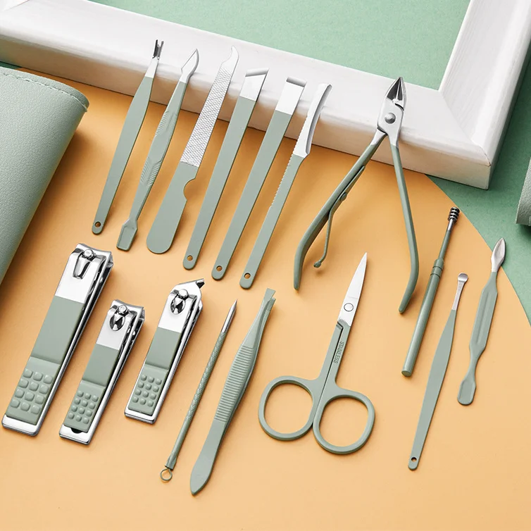 Новый Набор ногтей зеленого цвета маття, Набор ногтей из 16 предметов, кусачки для ногтей, ножницы для омертвевшей кожи, инструменты для маникюра