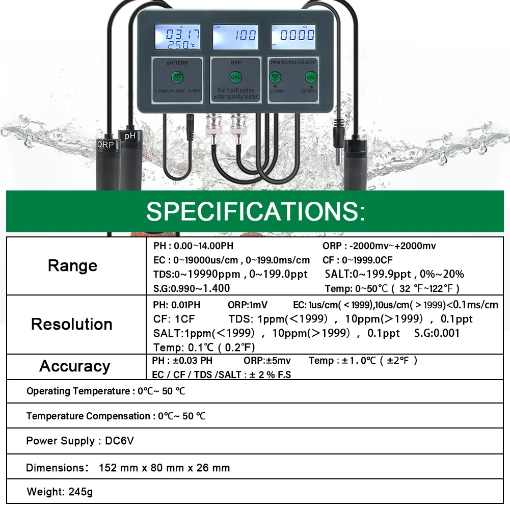 Tuya Wifi In Digital Ph Temp Orp Ppm Ec Salt S G Cf Online Water