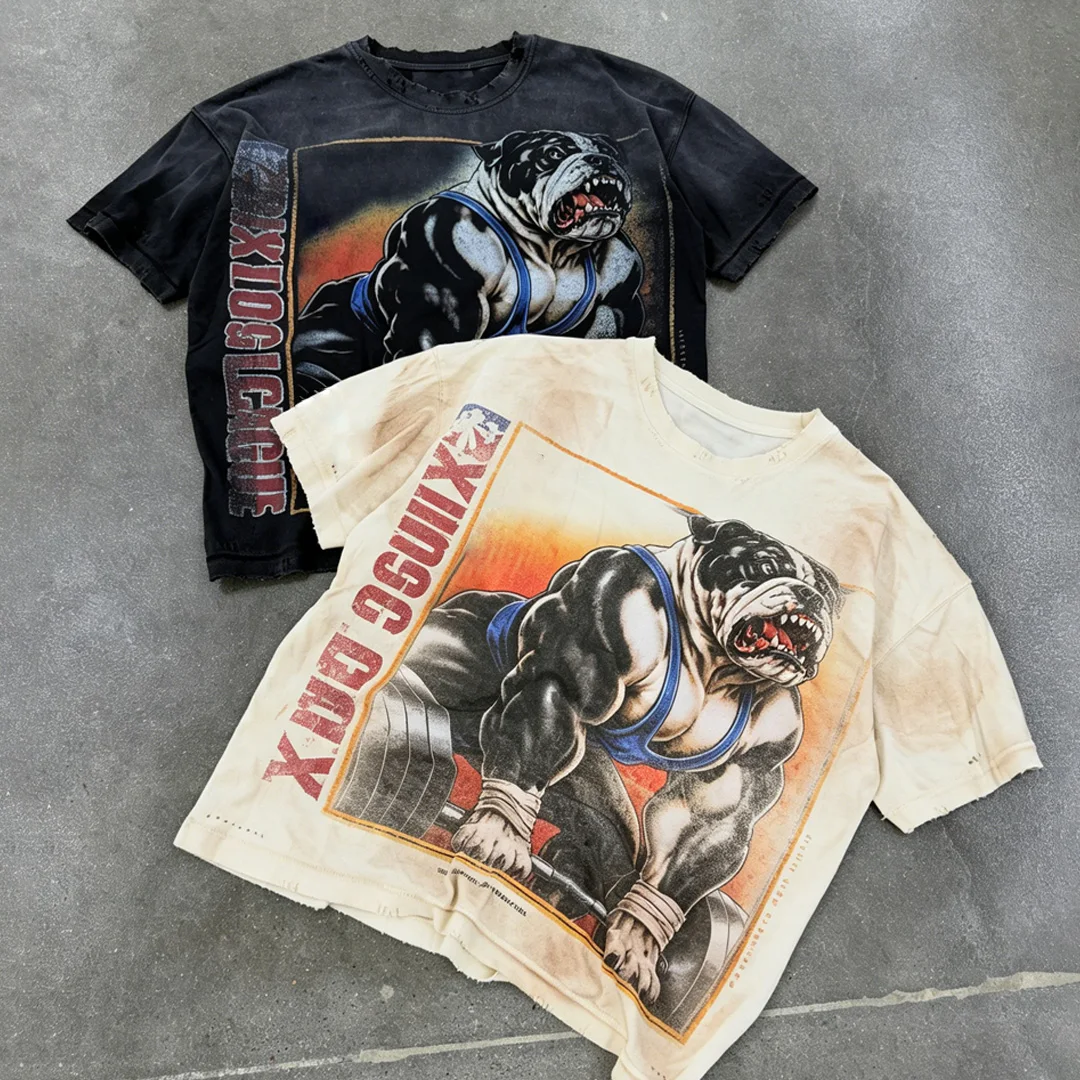 Výrobce streetwearu – mužské vintage tričko s neupravenými okraji a ošetřením typu washed, s individuálním potiskem síťovým tiskem, každodenní krátké tričko