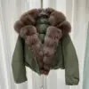 Olive green+Brown fox fur collar