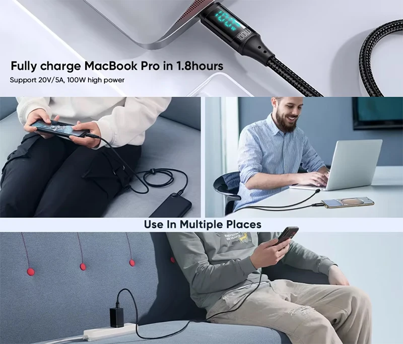 PD 100W 66W Nylon Braided USB-Type C LED Display Charger Data Cable 5A Fast Charging PVC Jacket USB C Phone Fast Charging Cable