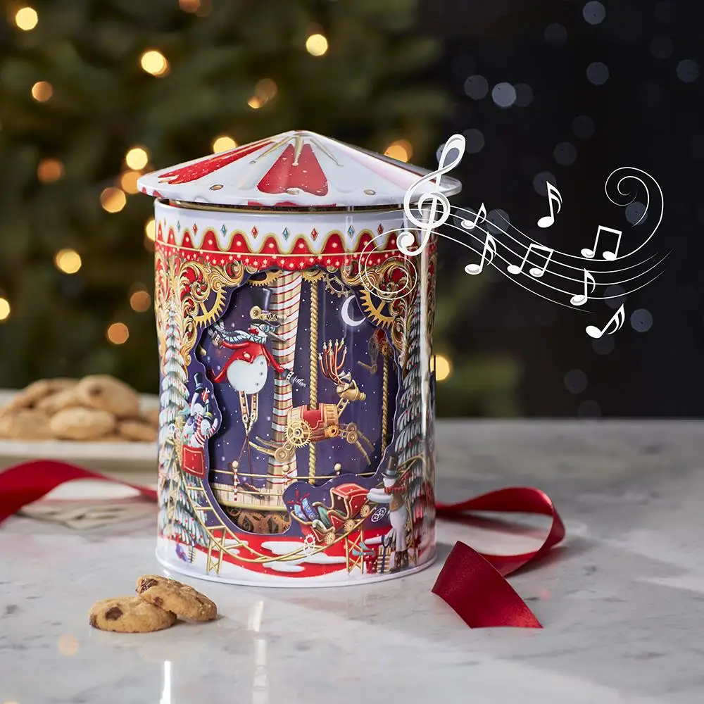 Personalized children gift music horse round large tall christmas cake tins danish sweet cookies tin music box carousel factory