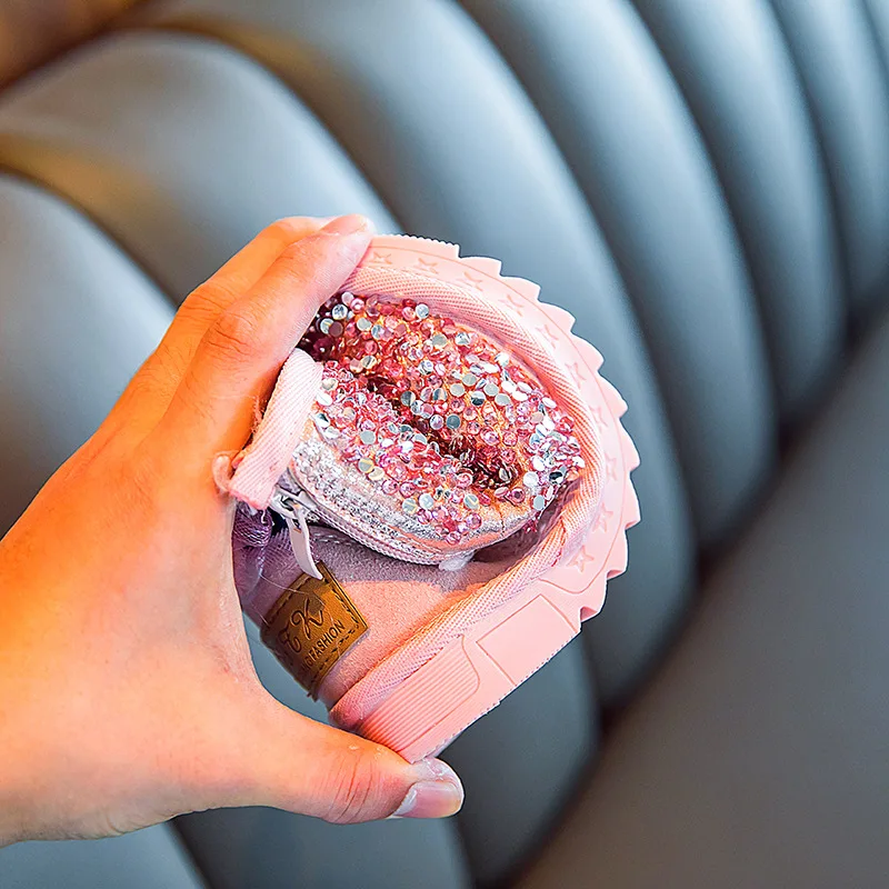 Зимние сапоги для девочек; Коллекция 2021 года; Зимняя Нескользящая новая детская хлопковая обувь принцессы с блестками; Теплые плюшевые ботинки для девочек средней школы