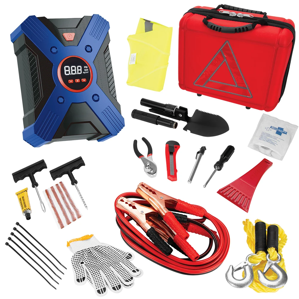 Complete 44-piece roadside assistance kit laid out showing digital air compressor, jumper cables, tow rope, first aid kit, ice scraper, gloves and carry case