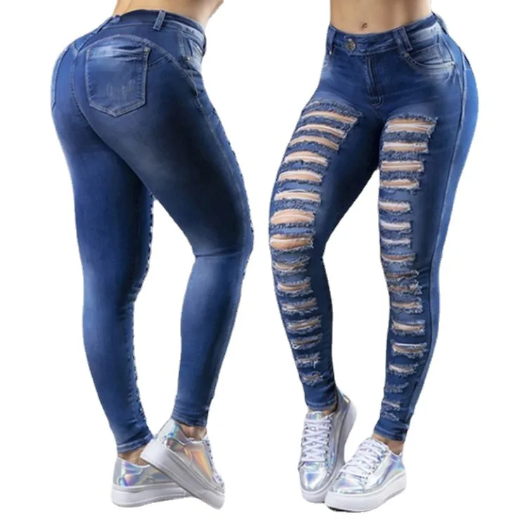 Wholesale Custom Skinny Pants Stripe Hole Design Stretchy Ripped Pants ...