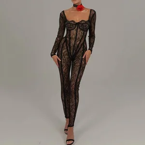 Sexy Lace Patchwork Transparent Bodycon Jumpsuit See-through Lingerie Fashion Designed Seductive Low Cut Women Jumpsuits