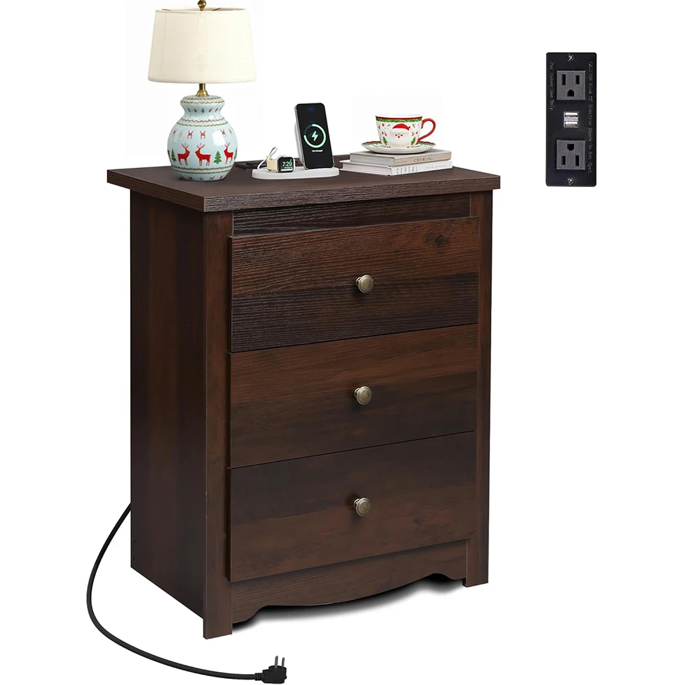 Tall Modern Panel Nightstand Charging Station Wood 3 Drawers Storage Bedside Table 2 USB Ports Bedroom