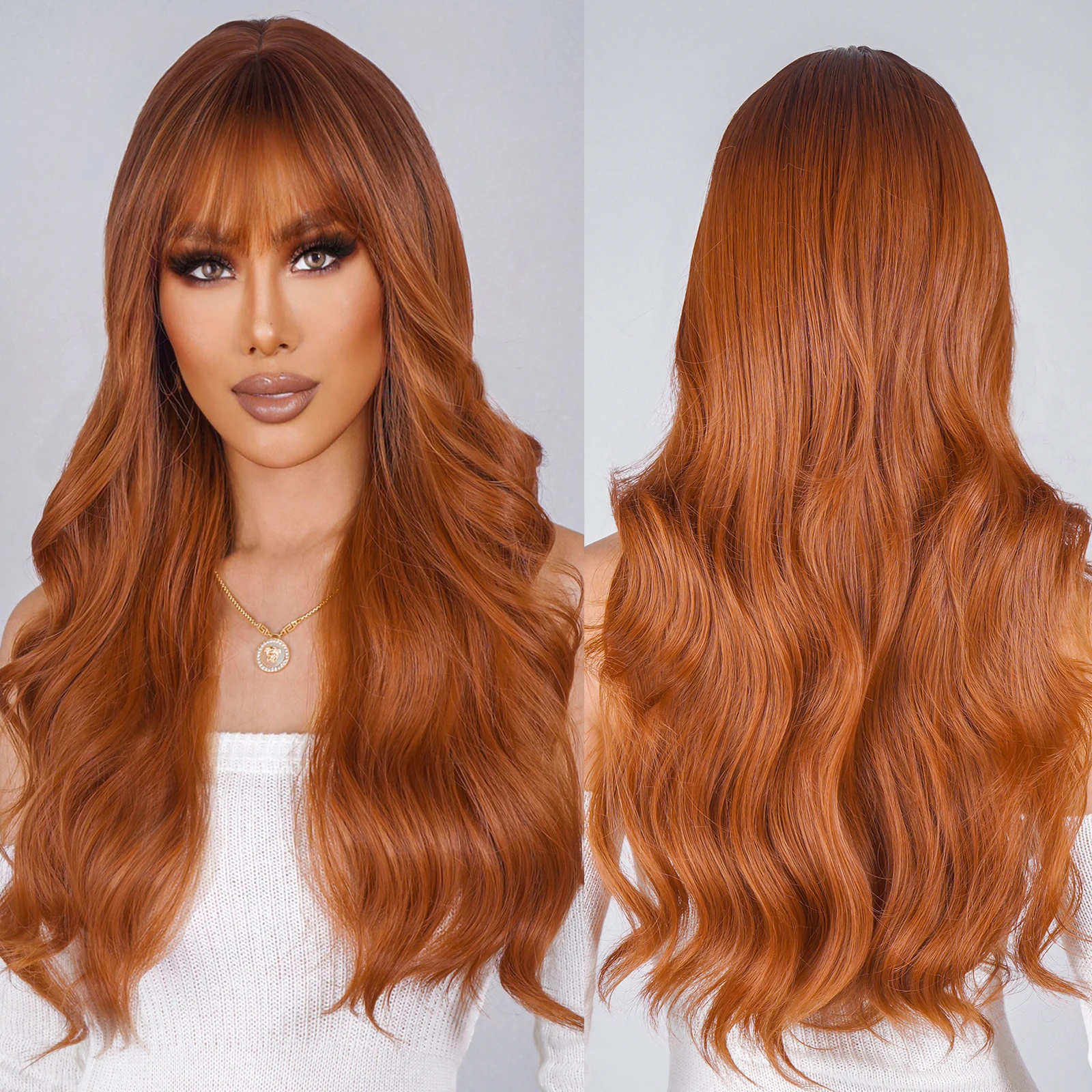 Wholesale Long Curly Orange Brown Copper Wigs with Bangs