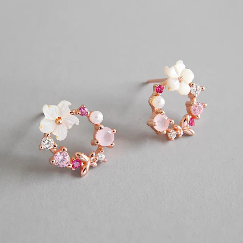Korean Version S925 Pure Silver Temperament Versatile Zircon Crystal Shell Flower Silver Earrings Women's Accessories
