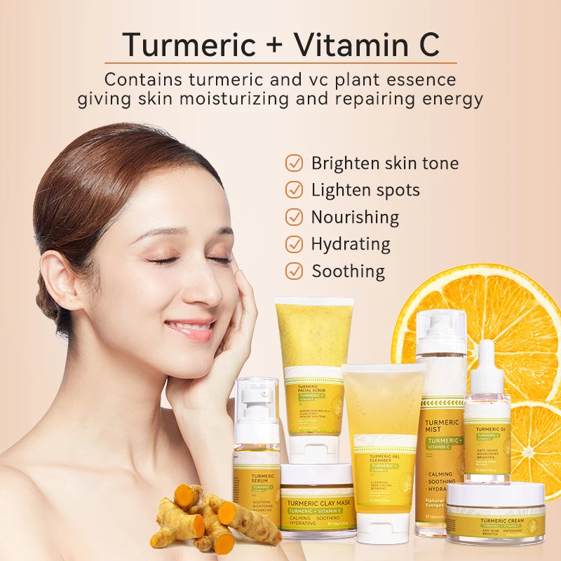 Low MOQ Private Label Luxurious Turmeric Vitamin C Moisturizing Anti-Acne Dark Spot Whitening Facial Serum Cream Oil Set-OEM/ODM