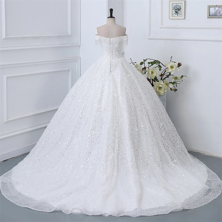 2024 Arabic Shiny Gown Princess Crystals Beading SequinsLace Wedding Dress  Bling Bling Off Shoulder Tassel Sleeve Bridal Dress