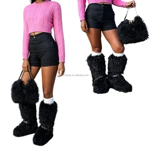 BUSY GIRL RS9252 Black Custom Design Boots Fluffy Knee High Boots With Matching Handbag - Stylish Women's Winter Footwear Set
