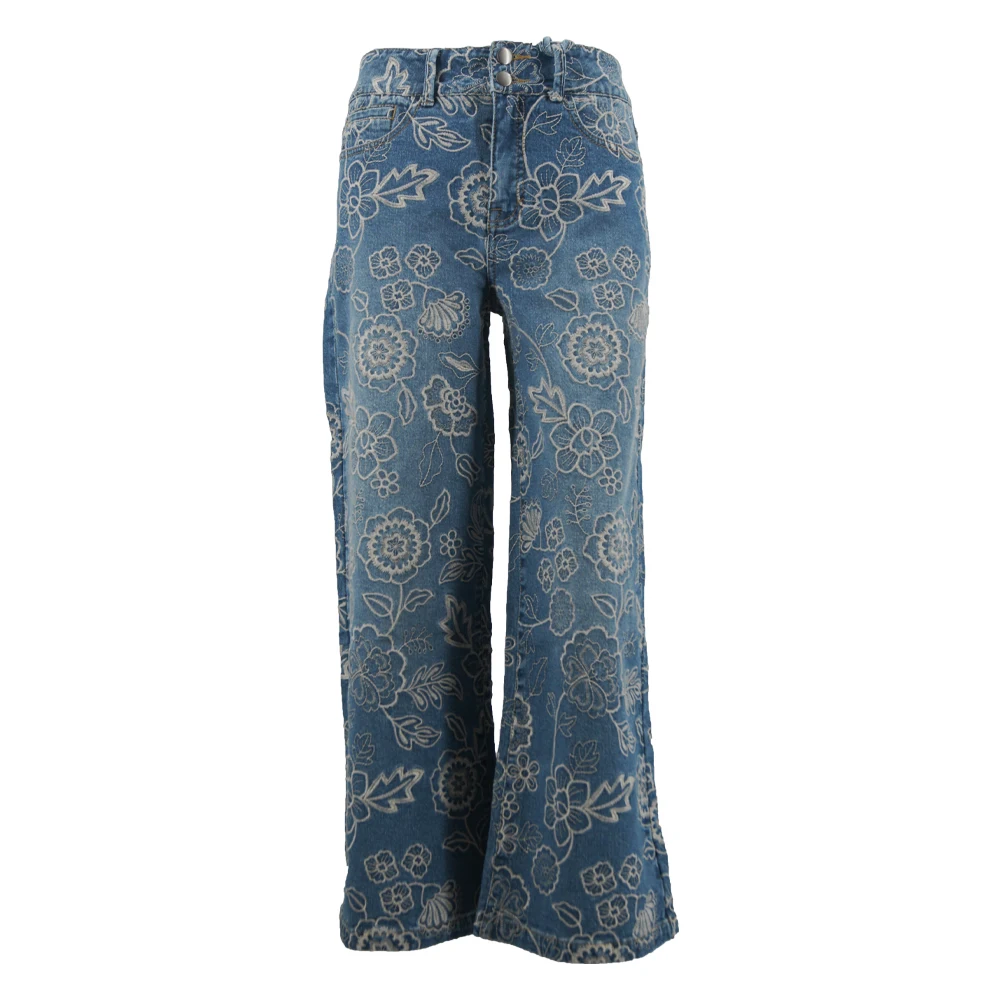 Floral Printed Women's Wide Leg Jeans Trendy High Waist Denim Pants Fashion Casual Vintage Trousers