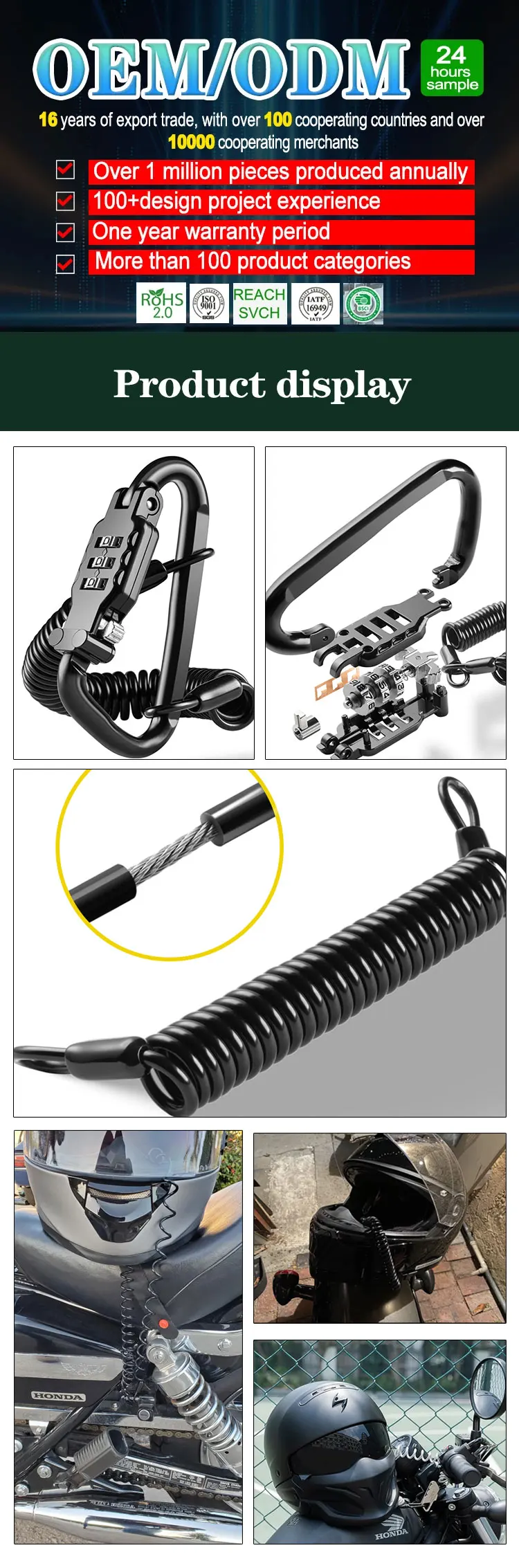 Motorcycle Helmet Lock With PIN & 2 Cables - Retractable Security Cable For Helmets, Bags, Luggage, Bike Accessories