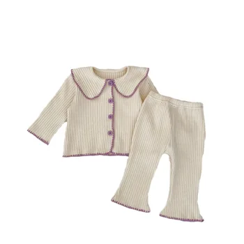 ins spring and autumn baby girls clothing set new stylish lapels long-sleeved cardigan slightly flared trousers two-piece set