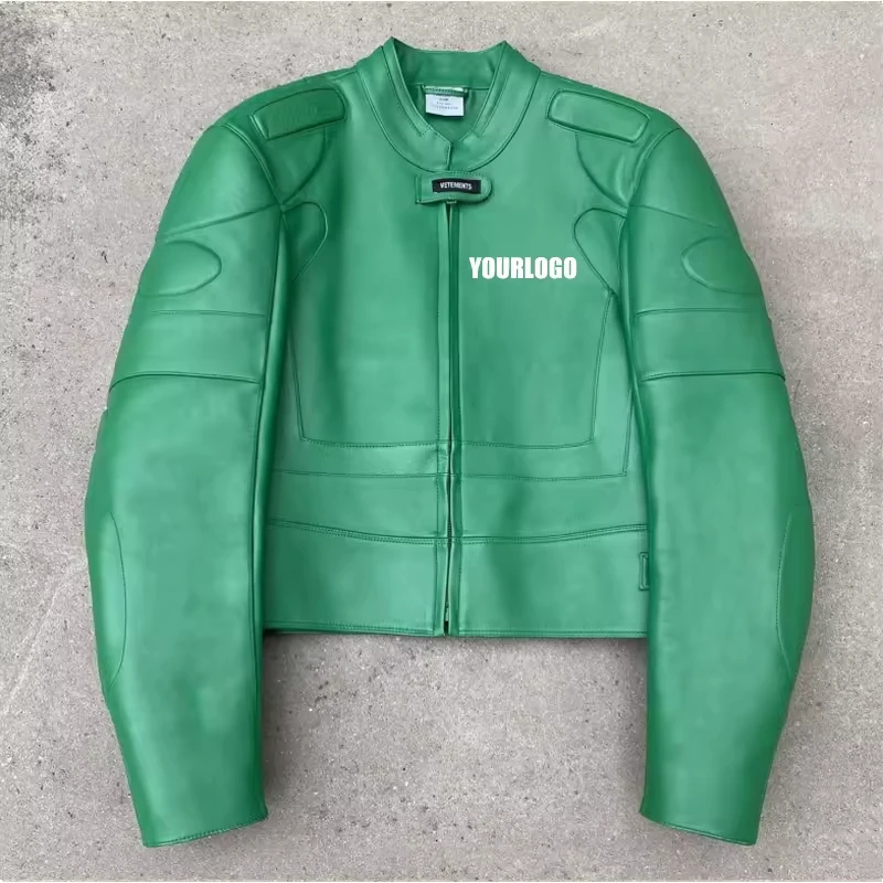 Custom LOGO Embroidery Patch Print Bikers Cropped Jacket Streetwear Motorcycle PU Leather Men Racing Jacket gallery 8