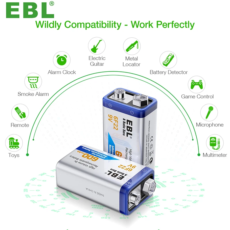 EBL 9v Rechargeable Battery Pack Lithium Ion Batteries 600mAh Lithium Battery Cell for Smoke Alarms