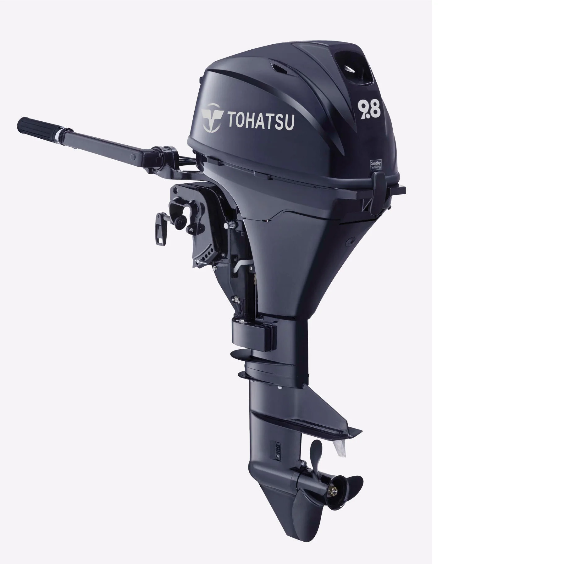 2スト船外機(トーハツ9.8B) 9.8馬力(2気筒・169cc)。燃料タンク付