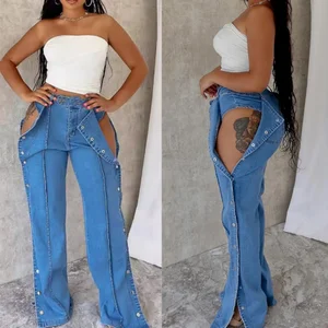 Viviblook Z610PT06 Women Denim Summer Fashion High Waisted Jeans Street Double-sided Button Closed Casual Plus Size Pants