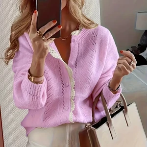 Women's Elegant Open-Front Cardigan Soft Pastel Pink Lightweight Lace-Trimmed Spring/Summer/Fall Semi-Sheer Layering Piece