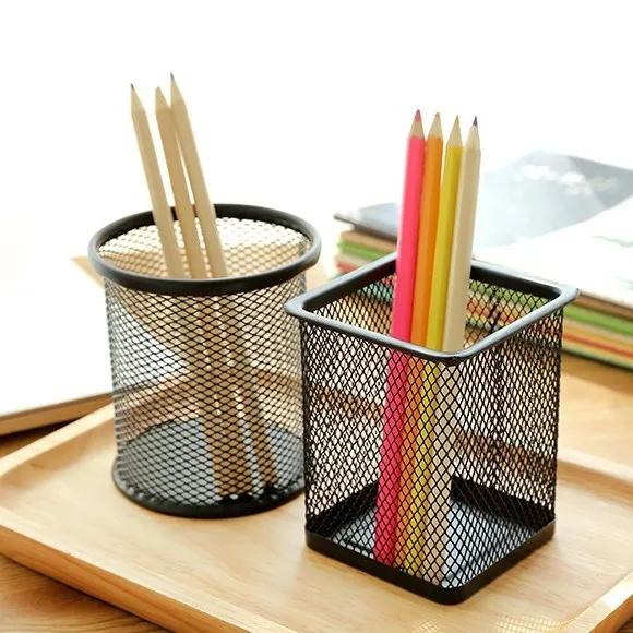 Round or Square Black Metal Mesh Desk Organizer Office Pencil Pen Scissors Desk Organizer