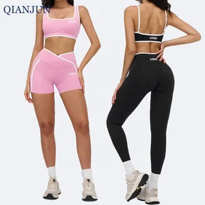Custom Seamless Athletic Activewear Yoga Set Adjustable Shoulder Strap Crop Top Hip Lift Shorts&Legging 4 PCS Yoga Sets