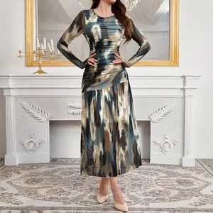 3D Print Dress Pleated Long Sleeved Mesh Dress for Women Thumb Hole Midi Dresses Vestidos