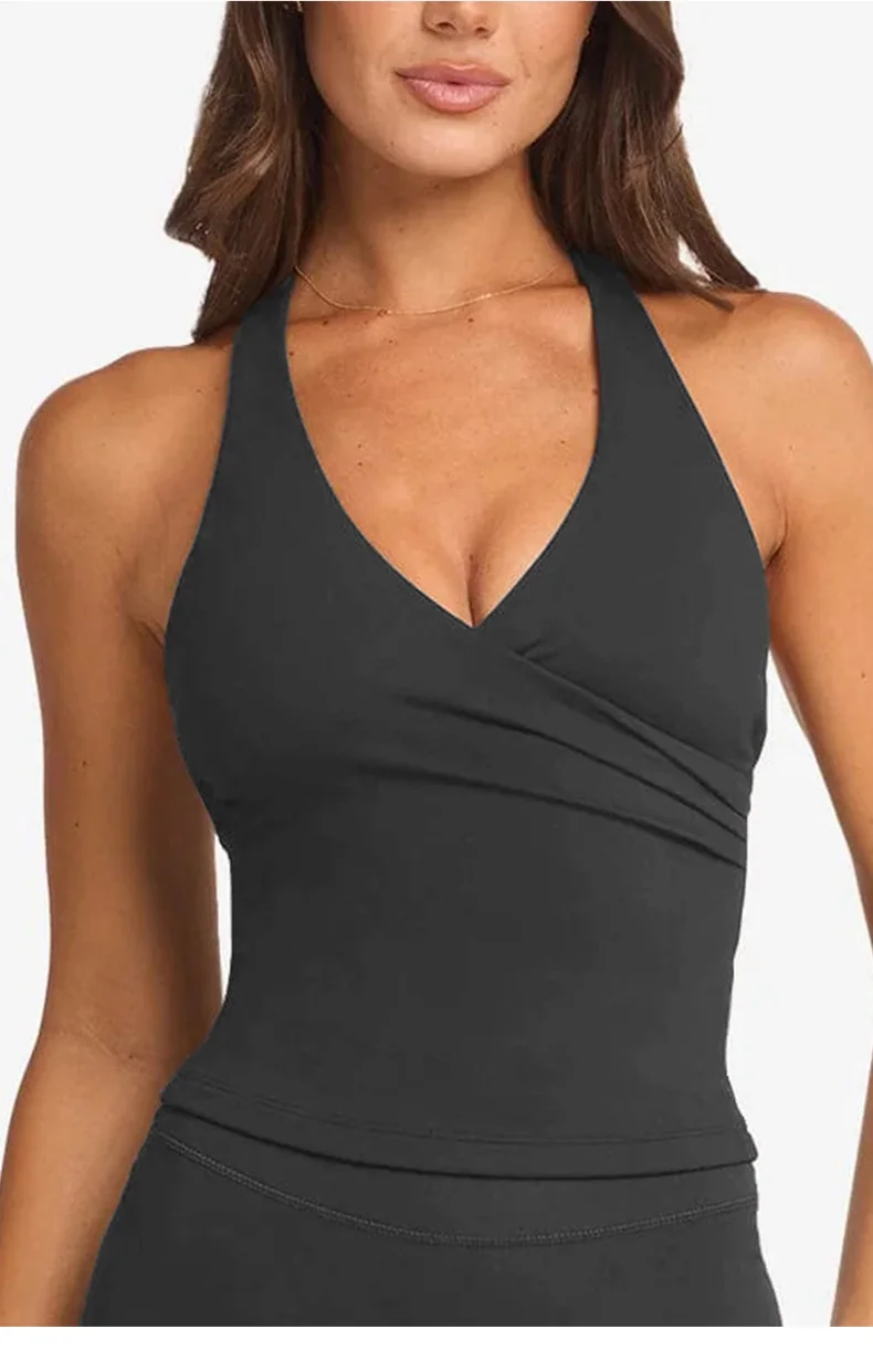 Womens V Neck Halter Yoga Tank Built-in Padded Cups Breathable Polyamide Sleeveless Fitted Activewear — detail