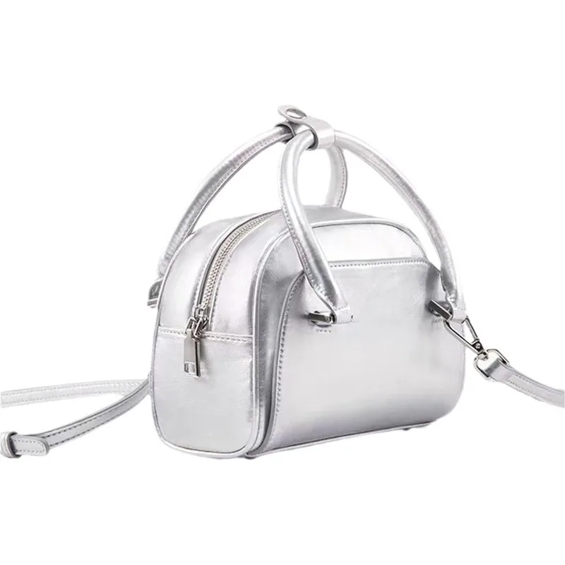 Genuine Leather Silver Small Women's Handbag Boston Bag