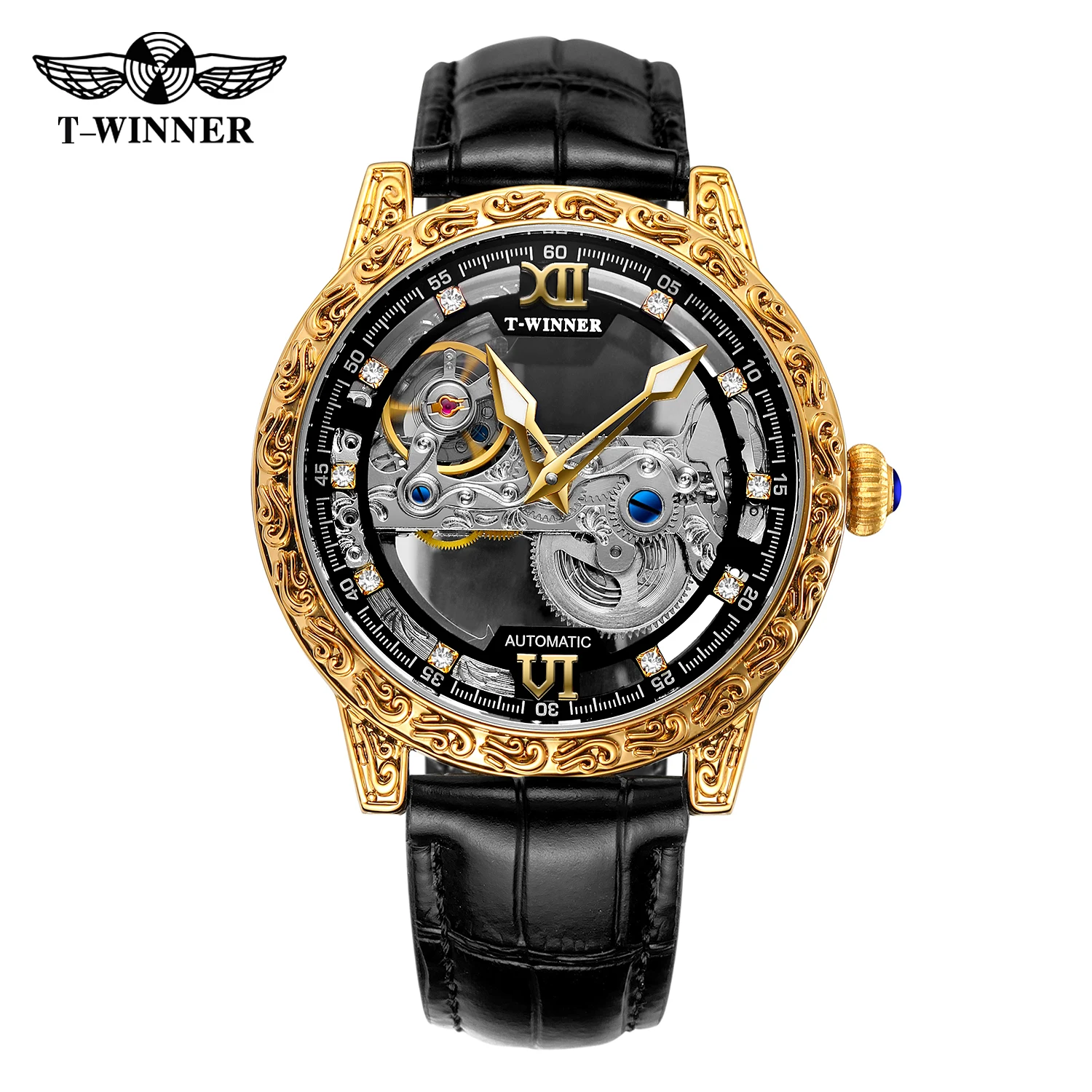 Winner Brand Gold Transparent Wrist Watches Luxury Man Reloj Montre Leather Skeleton Custom Mechanical Automatic Watch for Men