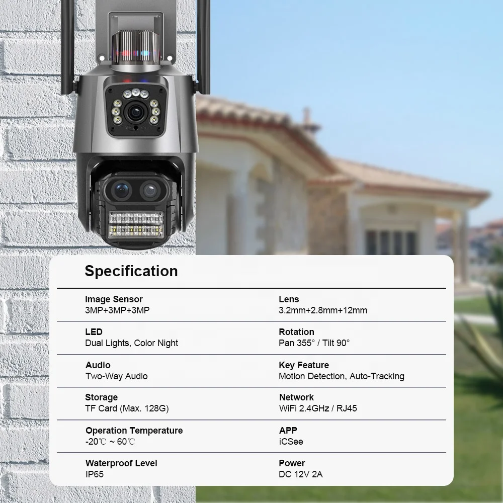 ICSee Triple Lens 8MP 9MP Dome WiFi PTZ Camera 4K with Siren Flashing Alarm