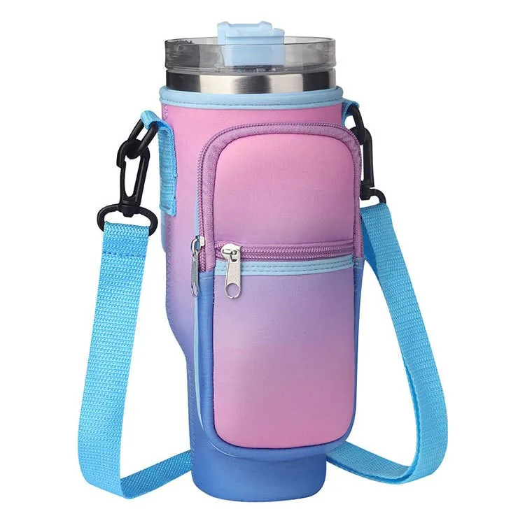 Neoprene Bottle Holder Gym Water Bottle Pouch - Double Layer Neoprene Holder For Water Bottle, Phone, Keys & Cards Water Bottle Bag With Storage