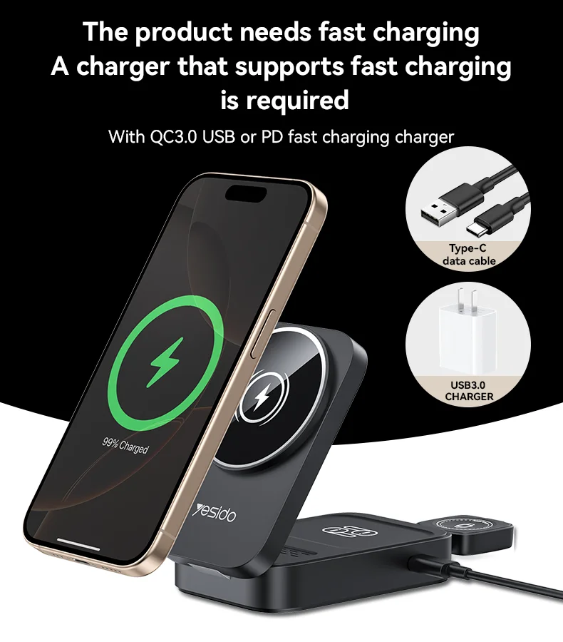 Yesido DS27 15W Wireless Fast Charging Multiple Protections Foldable Design 3-in-1 Desktop Wireless Charger