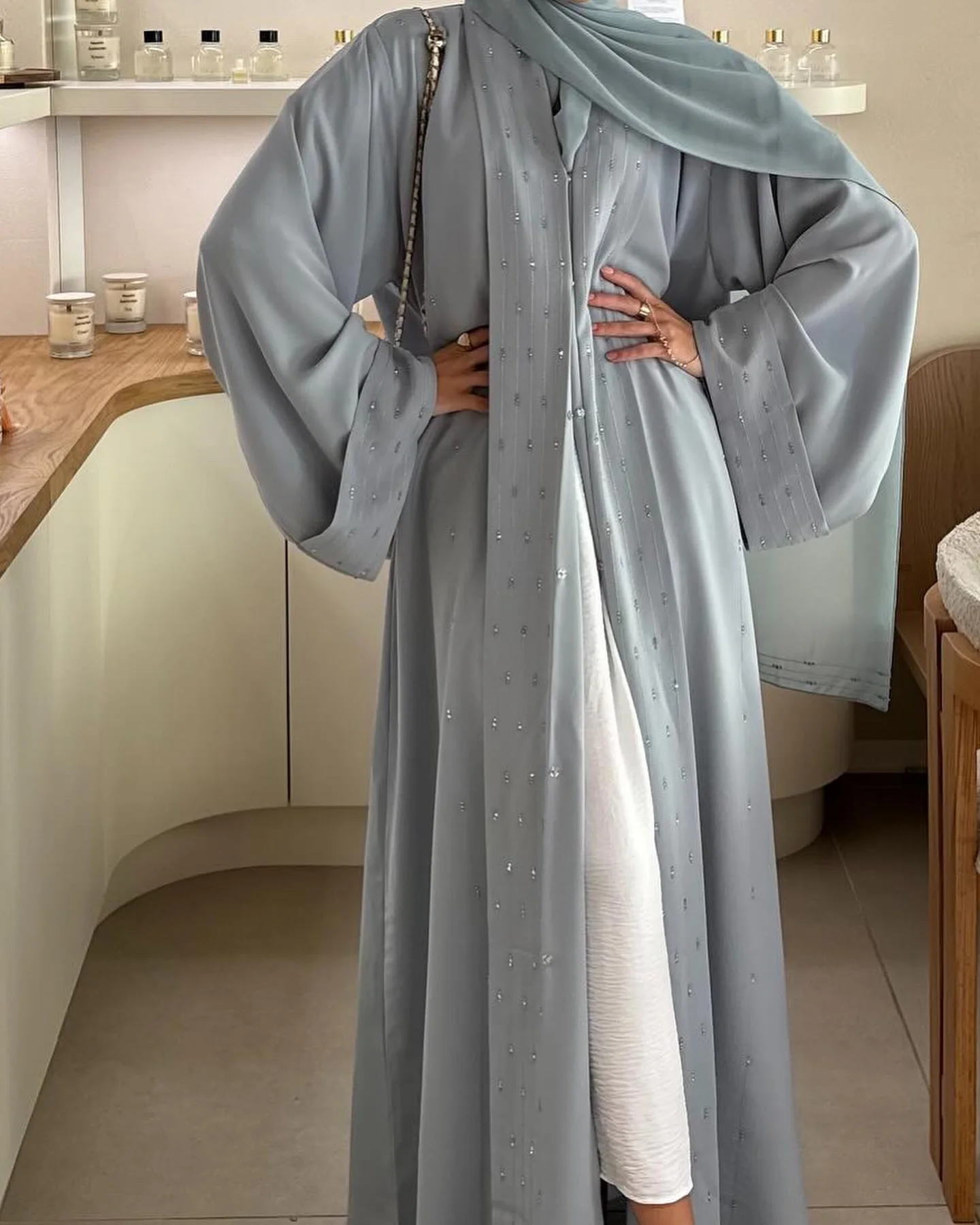 Muslim Islamic Open Abaya Kimono Modest Evening Prayer Modest Dresses Mid Eastern Women Blue Chiffon Dresses With Diamond