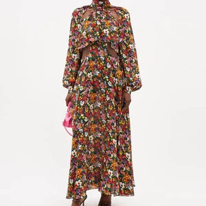 High Collar Back Zipper Printed  Plus-size Puff Sleeve  Spring and Summer Outdoor Office  Dress Woman