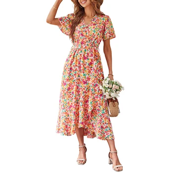 Oem 2024 Casual Summer Print Wrap Boho Pink Floral V Neck Short Sleeve Holiday Midi Dresses for Women