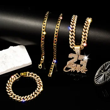 3PCS Fashion Jewelry Sets Pendant 23 Hip Hop Style Punk Chain Bracelet Necklace Jewelry Set with Rhinestones Jewelry Sets