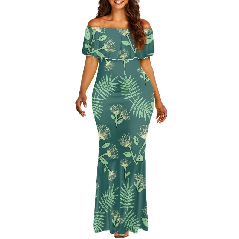 Print on Demand Aloha Ohia Lehua Ruffle Dress Custom Hawaiian Lehua Long  Fishtail Dress Wholesale Women Elegant Evening Dress