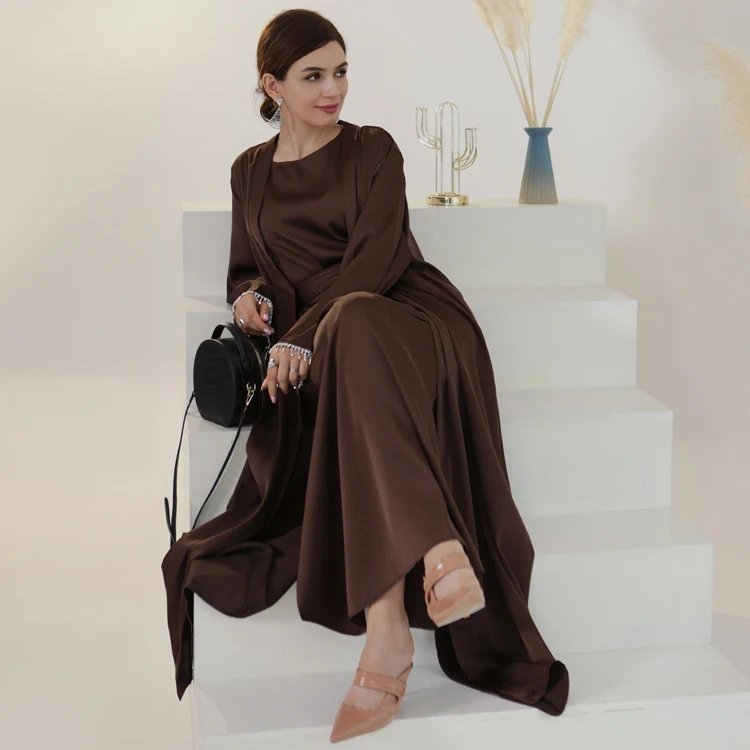 Elegant Muslim Silk Open Abaya Dresses Cardigan Kimono Long Robe Solid Color Beaded Dress Gown Jubah EID Arab Islamic Clothing