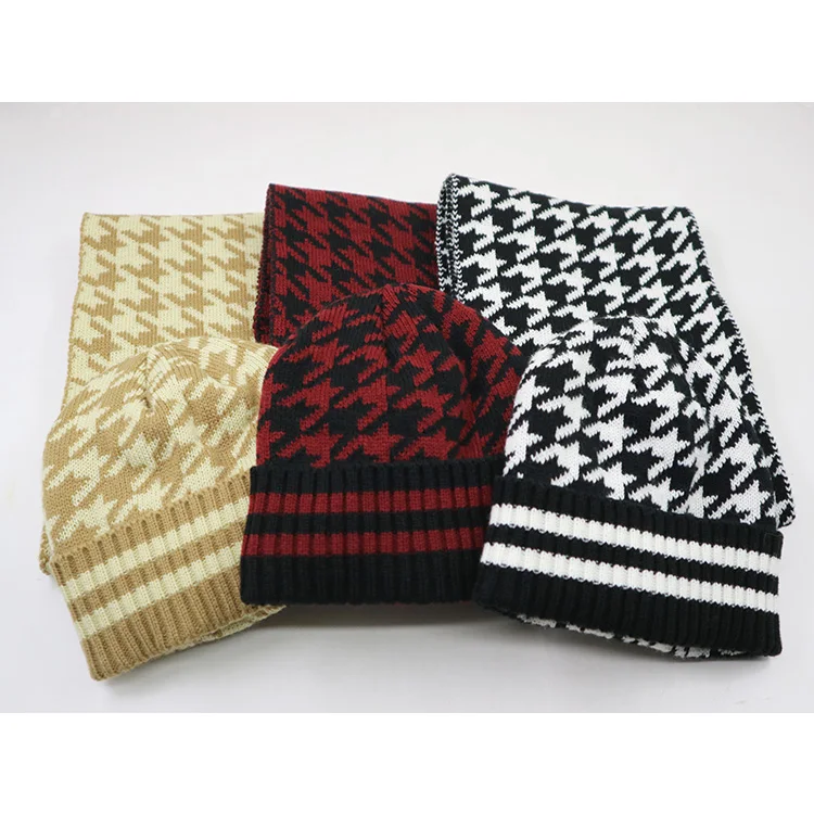 Houndstooth 2 Piece Set Elegant Collection Knit Beanie Hat And Scarf Set Assortment Winter For Women