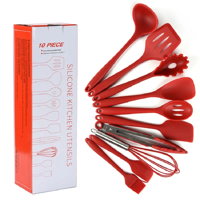 10 Piece Silicone Kitchen Cooking Utensils Set, Red